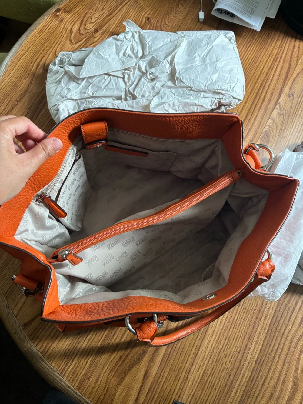 Michael Kors Orange Leather Satchel with Chain-Detail Strap